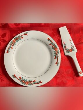 Poinsettia & Ribbons cake server set Tienshan fine China vintage gold evergreen